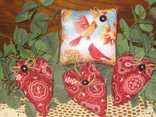 Fall Country Cardinal Fabric Sign 3 Hearts Bowl Fillers Handmade Wreath Accents picture