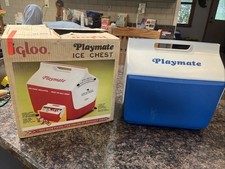 Vintage Igloo Blue & White 15 Quart Cooler Chest Push Button 80s ORIGINAL BOX picture