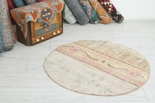 3x3 Turkish Round Rug Hand-Knotted Vintage Small Pastel Oushak Mini Carpet,446 picture