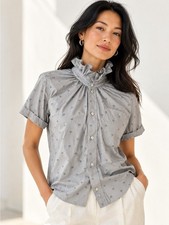 KMJ Sz M Quarantini Upcycled Cotton Palm Print Ruffle Collar Button Front Shirt picture