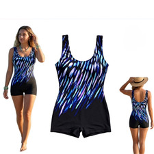 Women’s Feather Print Boyleg One‑Piece Swimsuit, Sleeveless U‑Neck Bathing Suit picture