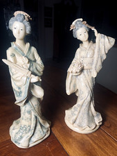 Set of 2 Vintage Kenton Hand Carved Resin Japanese Geisha Figurine Kimono Robe picture