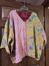 One Size Cotton Quilted V-Neck Kantha Tunic Top Multicolor Floral Boho picture