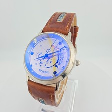 Vtg 1990s FOSSIL Skeleton Watch Mens Blue Holograph JR-7503 Brown Leather 7.75