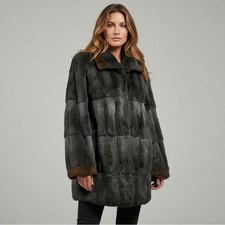 🌻VINTAGE Hertzberg Furs (Raleigh, NC) Gray w/Brown Trim Fur Coat picture
