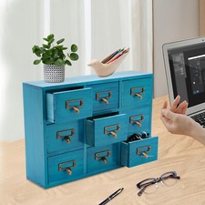 Rustic Blue Wooden Apothecary Cabinet,9-Drawer Tabletop Storage Organizer Holder picture
