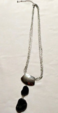 Chico's Silver Tone Multi Strand Cable Chain Necklace Black Charm Pendant Signed picture