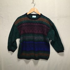 Vintage Benetton Made in Italy Fair Isle Geometric Crewneck Sweater Green Mens L picture
