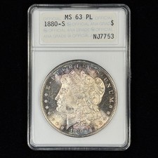 1880-S $1 MS63 PL ANACS OH Toned Morgan Dollar - Blue ANA Genie Lamp Soapbox picture