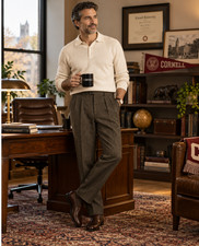 Santorelli Mens 42 Brown Charcoal Twill Wool Double Pleat Dress Pants NWT Italy picture