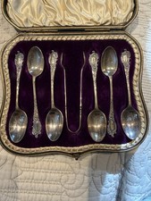 Antique 1919 English Sterling Silver Teaspoons Sugar Tongs Cased Set Birmingham picture