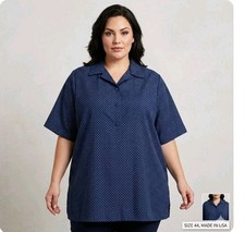 Vtg 70s MISS FASHIONALITY Blue Polka Dot Blouse 44 2X Made In USA MCM Paper Thin picture