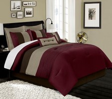 8-Piece Luxury Burgundy Brown Coffee Bedding Set Pleated Stripe Comforter Set picture