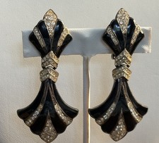 Vintage Bijoux Designs New York Black Enamel Rhinestone Clip Earrings Statement picture