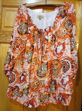  Notations 2X Peasant Blouse Orange White Black Floral Medallion Boho Tie Neck picture