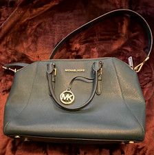 Michael Kors Black Logo Zip Satchel Top Handle Bag Detachable Strap Gold picture