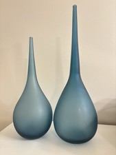 Havertys Blue Sandblasted Glass Decorative Bottles Vases Set of 2 Large picture