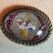 Antique 1910s Goofus Glass Reverse Painted Flower Basket Brooch picture