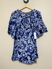 Roaman's Size 12W Women's Blue Floral Keyhole Bell Sleeve Tunic Blouse Top NWT picture