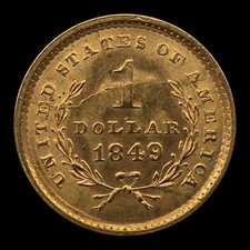 Nice 1849 Us $1 Pre33 Gold Dollar Coin Uncirculated With Die Cracks No L picture