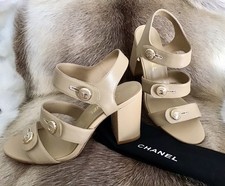 Chanel CC Turnlock Block Heel Sandals Beige Leather Triple Strap 41C US 10 NEW picture