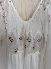Vtg 50's White Nylon chiffon 2 Piece Gown + Robe Peignoir Set Embroidered Roses picture