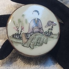 Vintage Hand Painted Porcelain Brooch Round Asian Figure Pin Chinoiserie Brass picture