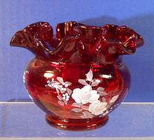 Vintage Hand Painted Signed Fenton Red Glass Ruffled Rim Vase 3.5