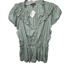 Current Air Los Angeles Sage Green Ruffle Peplum Blouse Smocked V-Neck Top Small picture