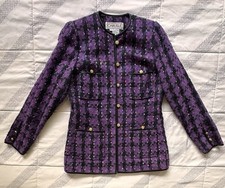 VTG CARLISLE Silk Tweed Blazer Jacket Purple Black Plaid Gold Buttons Size 6 picture