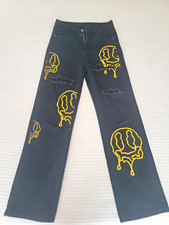 SHEIN Women's Black Wide Leg Denim Jeans Yellow Graphic Distressed Size S picture