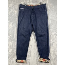 Hua Sheng Raw Indigo Selvedge Denim Jeans Japanese Graphic Floral Crest W34 L33 picture