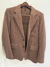 Drake's Brown Blue Prince of Wales Check Virgin Wool Tweed Blazer Size 42 picture
