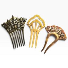 Lot 3 Antique Edwardian Celluloid Hair Combs Rhinestones c1900-1920 Repair picture