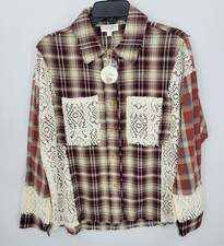 Oddy Anthropologie Top Small Oversized Mixed Plaid Lace Button Up Boho Artsy picture
