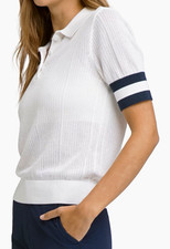 Wilson Women's White Knit Breathable Polo Blue Stripe Sleeves Collared M picture