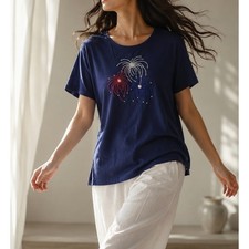 C.B. Casual Petite Navy Blue Firework Embroidered Cotton T-Shirt PXXL 4th July picture