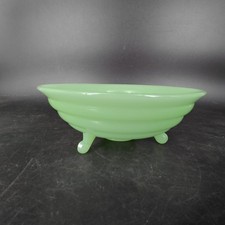 Vintage Green Milk Glass Ribbed Footed Bowl Tripod Round Jade Dish Decor MCM picture