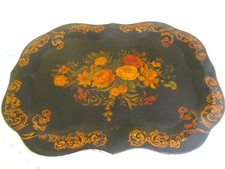 Giant Hand Painted Antique Garden Floral Gold Leaf Rim Art 1919 Mantel Tole Tray picture