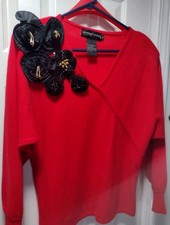 Vtg 80s SPREE INTERNATIONAL Red Black Appliques Flowers  Sequins MCM Look Sz M  picture