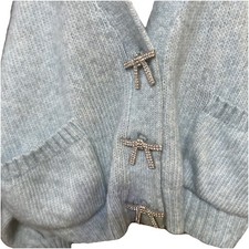 Zara Sweater Rhinestone Bow Buttons Blogger’s Fav Blue Cardigan Medium Lg picture