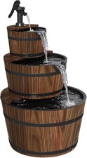 3-Tier Outdoor Water Fountain Wood Barrel Cascading with Electric Hand Pump picture