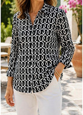 Chico’s No-Iron Shirt Size 3 XL Black White Geometric Button Down Cotton Tunic picture