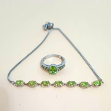 Djoy 925 Sterling Silver Oval Green Peridot CZ Necklace & Ring Jewelry Set Sz8 picture