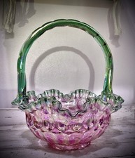 FENTON Iridescent Rose Magnolia and Sea Green Glass basket 9x8x8in - SIGNED picture