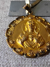Gold Tone Religious Round Medallion Pendant Necklace Sacred Heart And Virgen picture