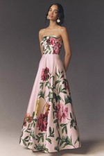 Anthropologie BHLDN Kira Strapless Printed Satin A-Line Maxi Dress Ping Floral picture