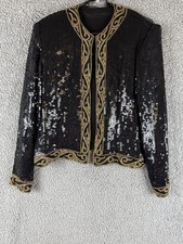 Vtg Royal Feelings Beaded Silk Jacket Med Black Gold Sequin Floral Art Deco 80s picture