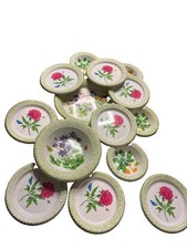 VTG MCM Set Floral Green Moth  Woven Edge Hard Plastic Bowls Plates Platter 14pc picture