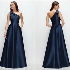 Alfred Sung Midnight Blue One-Shoulder Bow A-Line Gown Size 14 $279 D875 picture